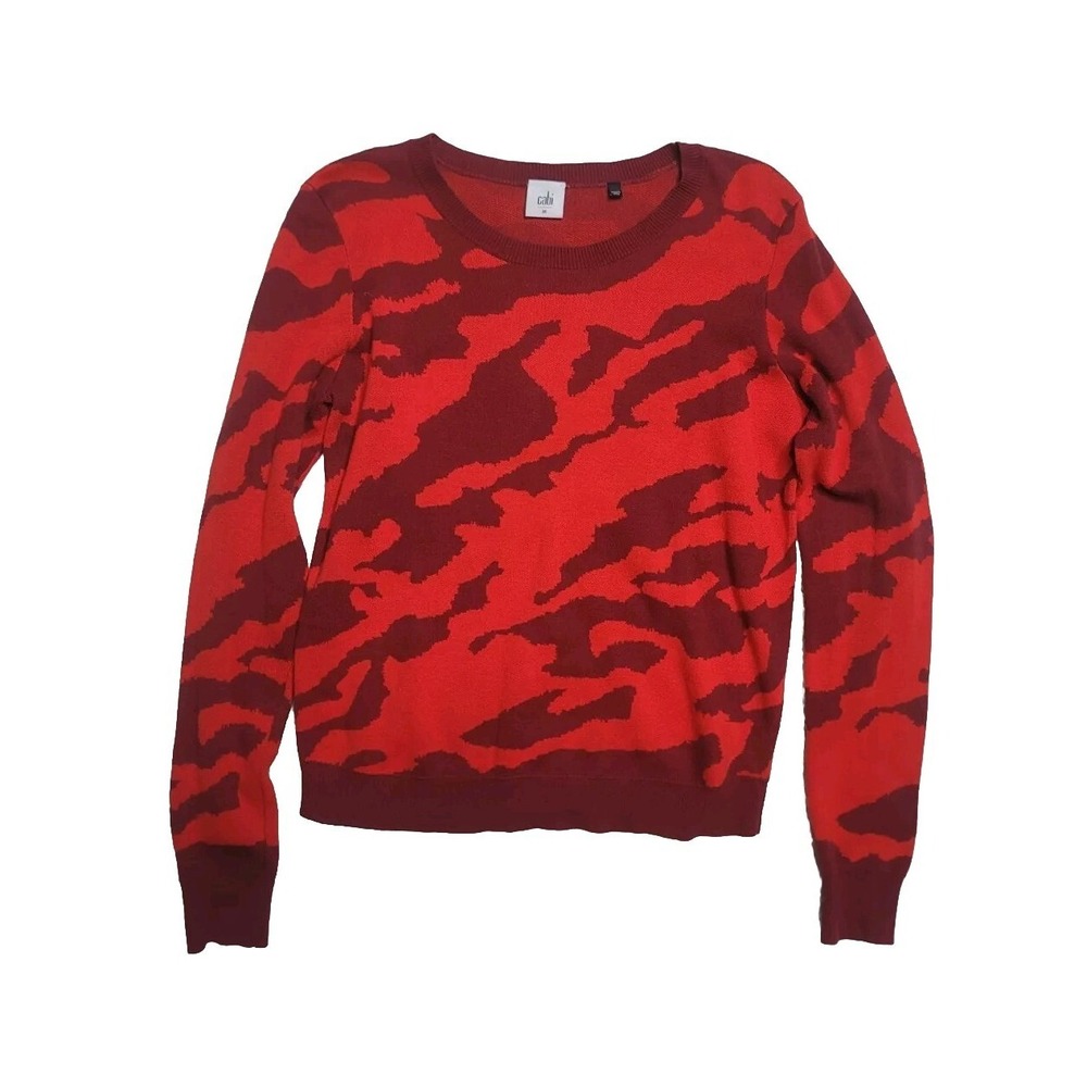 CABI Sweater Women's Medium‎ Red Orange Camo Animal Print Pullover Long Sleeve
